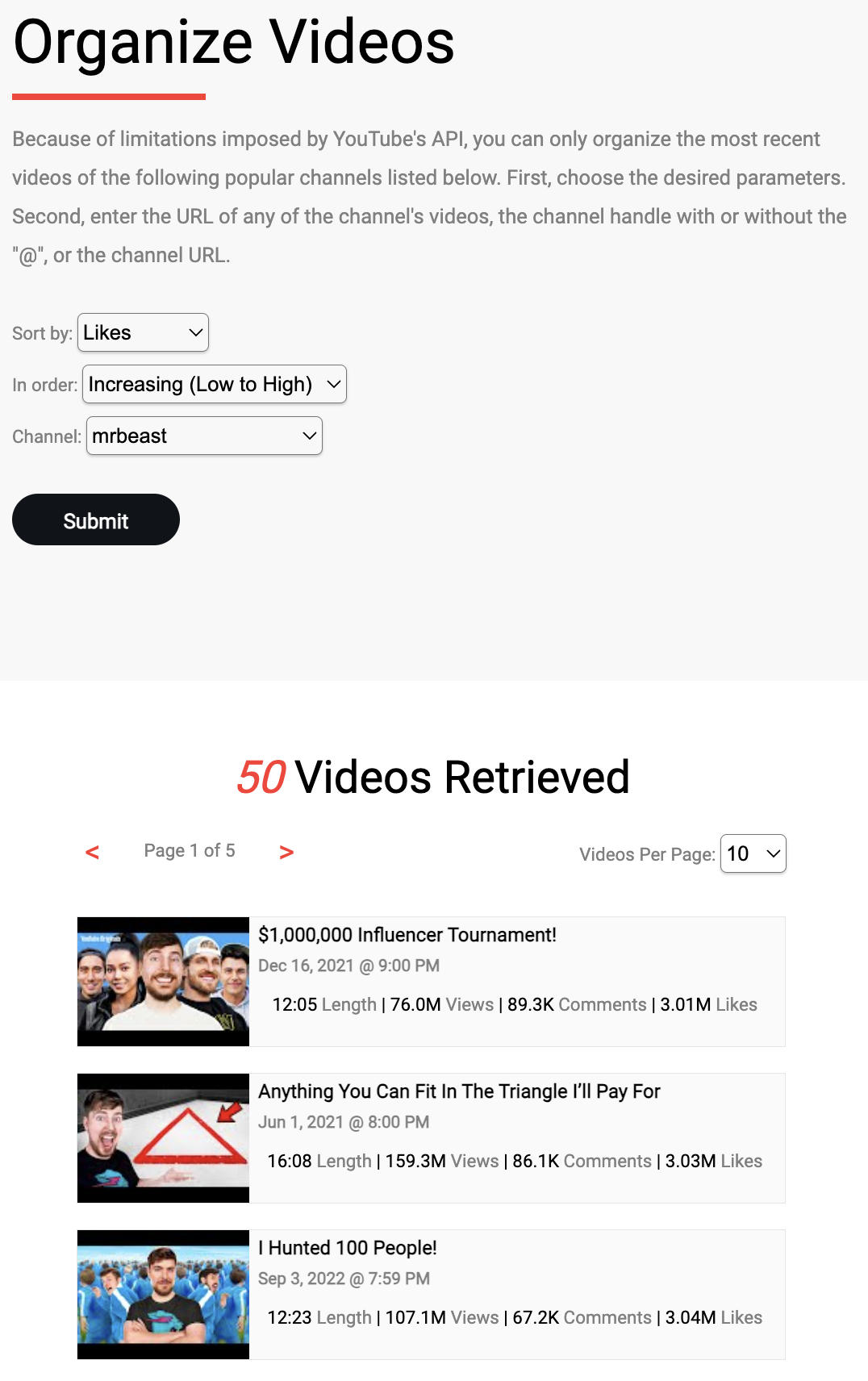 Mr. Beast's YouTube Videos Organized